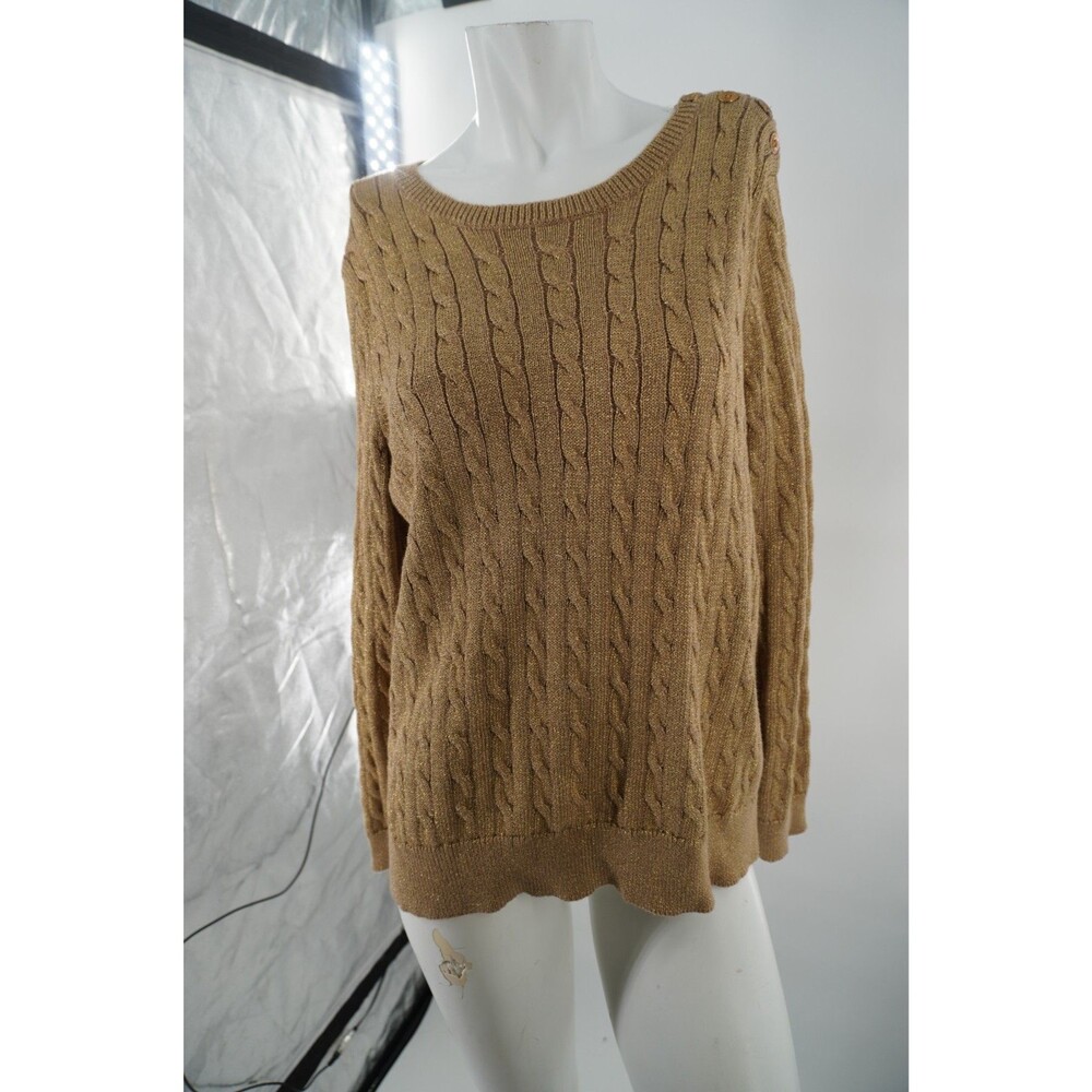 Lauren Ralph Lauren Women Sz XL Gold Metallic Cable-Knit Sweater Button Shoulder